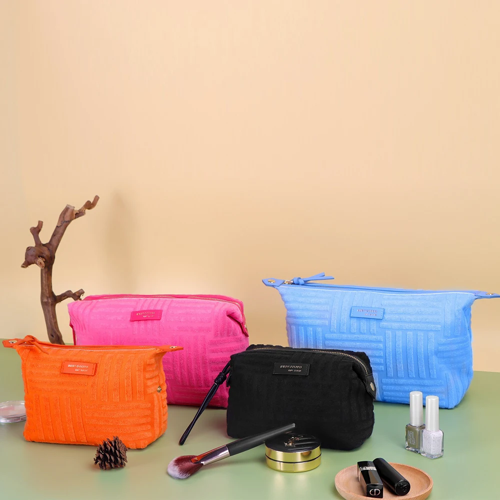 Eco friendly custom logo black makeup bags jacquard pattern towel cloth pink cosmetic bags or pouches for women