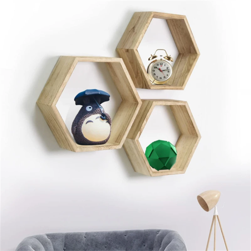 Wholesale Hot Sale High Quality Hexagon Floating Wall Shelves Wooden Wall Mounted Shelves