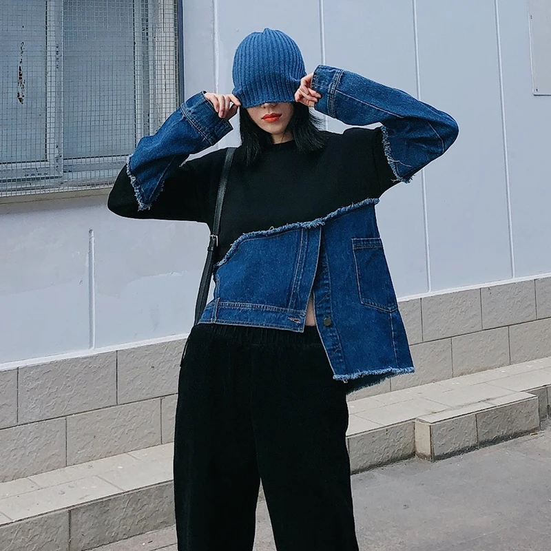 TWOTWINSTYLE Patchwork Denim Asymmetric Colorblock Loose Casual Womens Sweatshirt