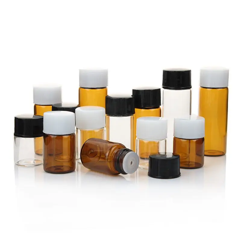 1ml 2ml 3ml 5ml 10ml Amber Clear Sample Test Glass Cosmetic Vials with Black Lids for Essential Oil
