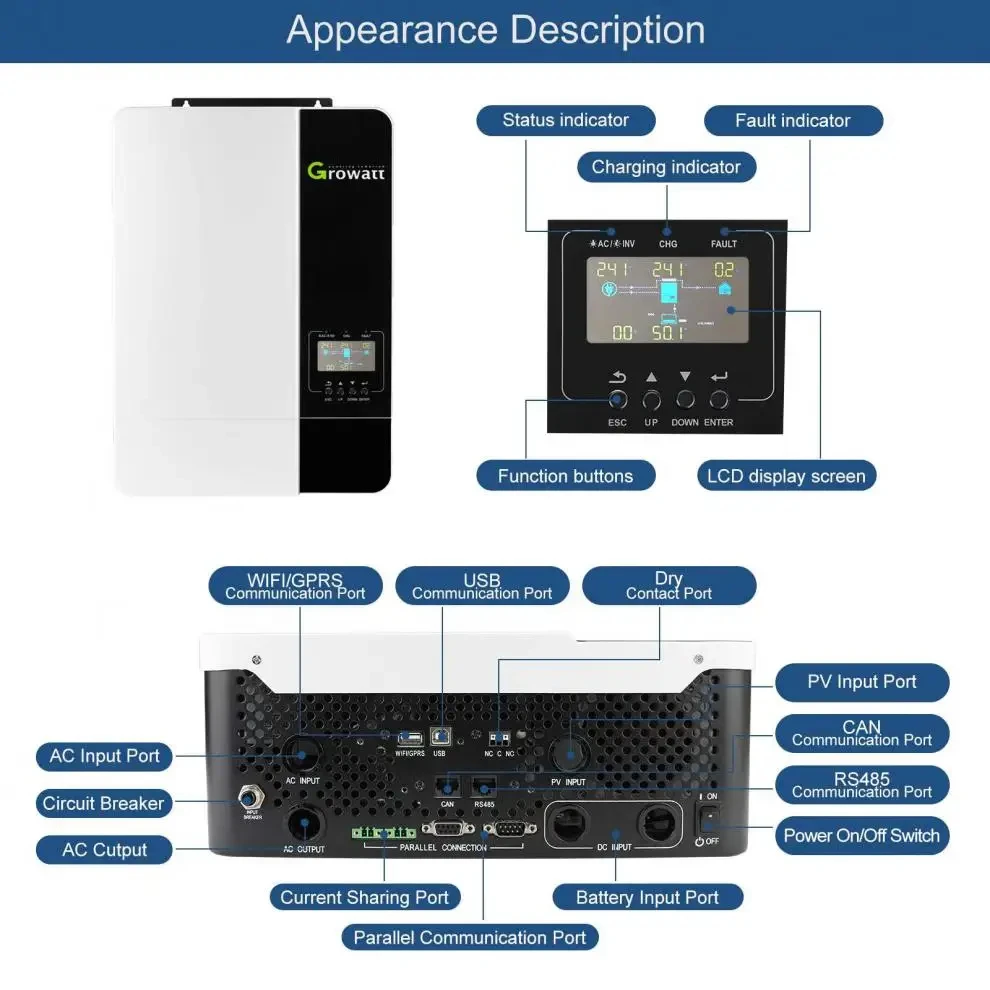 Wholesale High Power Solar Inverter 5KW 5000W SPF 5000 ES Growatt Off Grid Hybrid Inverter