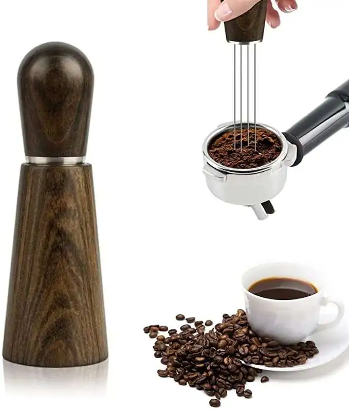 Home use wooden coffee powder distributor tool with holder coffee needle