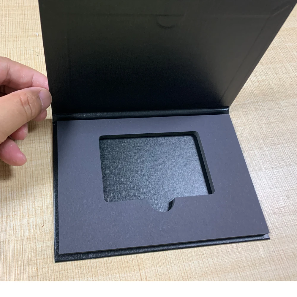 Cardboard black matte metal credit card box single hole printable customized gift card box for gift membership card use