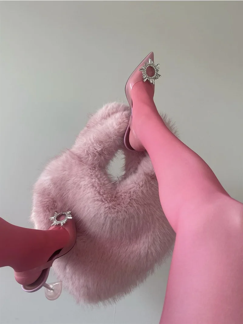 BUSY GIRL RS4752 Faux fox Fur Heart Shaped Bags for Women Fashion pink Khaki Furry Fuzzy Fluffy Crossbody Tote Bags