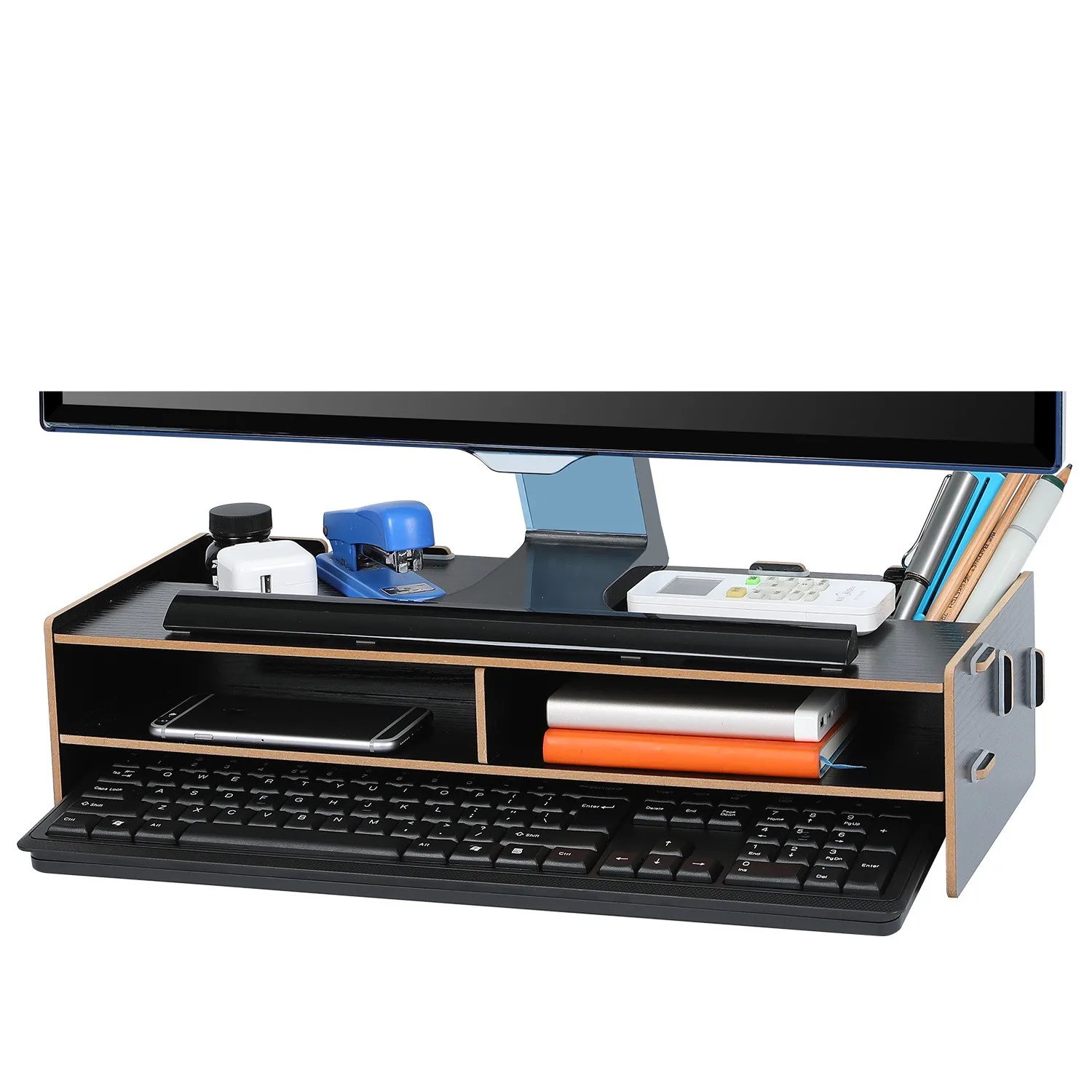 Tonmsile Wholesale Black Multifunctional Wooden Office Desk Organizer Desktop Computer Screen Riser