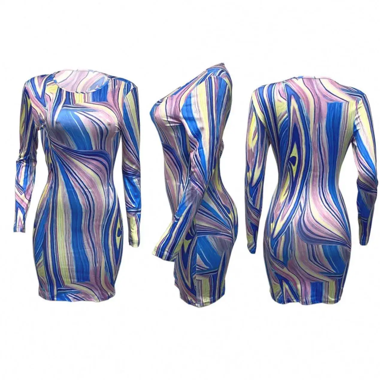 2024 Fashion Women Clothing Plus Size Dress Autumn And Winter Printing Round Neck Slim Fit Sexy Long Sleeved Dress