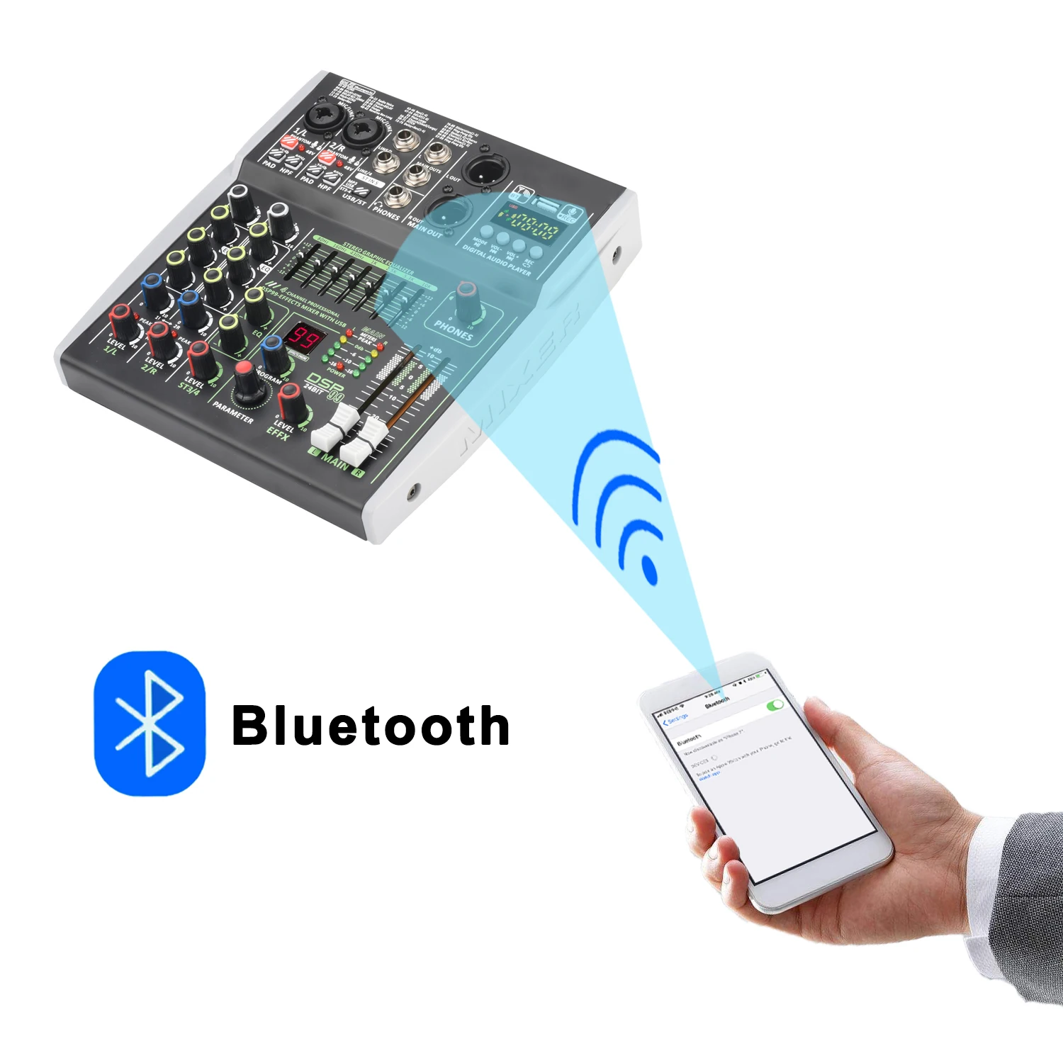 4 Channel Stereo 48V Phantom Power Mobi 99 DSP Effects Bluetooth USB Computer Play Record Podcast X4 Audio mixer