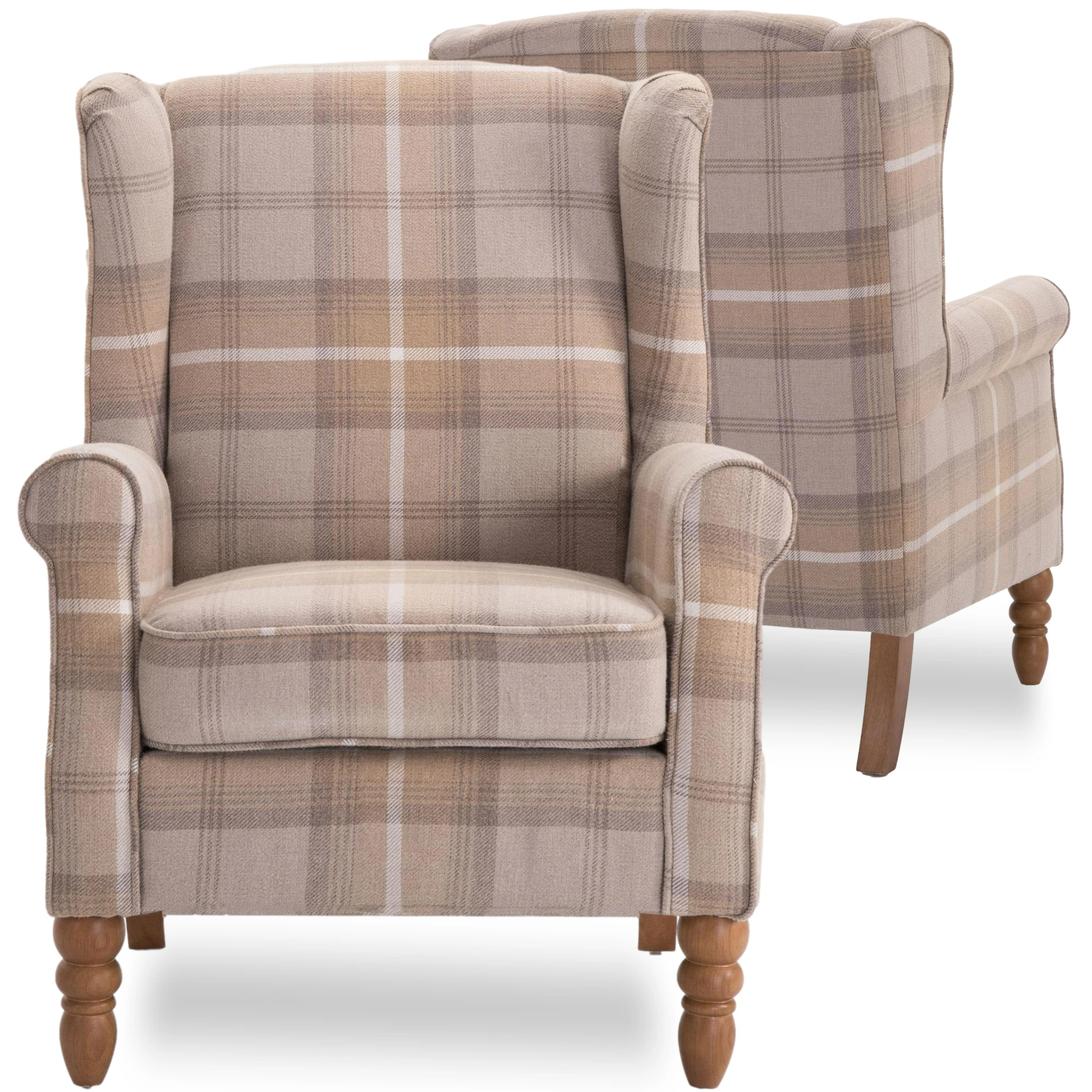 Classic Brown Fabric Upholstered Solid Wood Legs Living Room Accent Chair Armchair