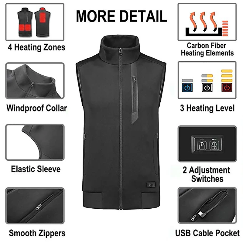 Новый Мужской умный жилет с подогревом для кемпинга, пешего туризма, катания на лыжах, рыбалки, зимний черный жилет с подогревом