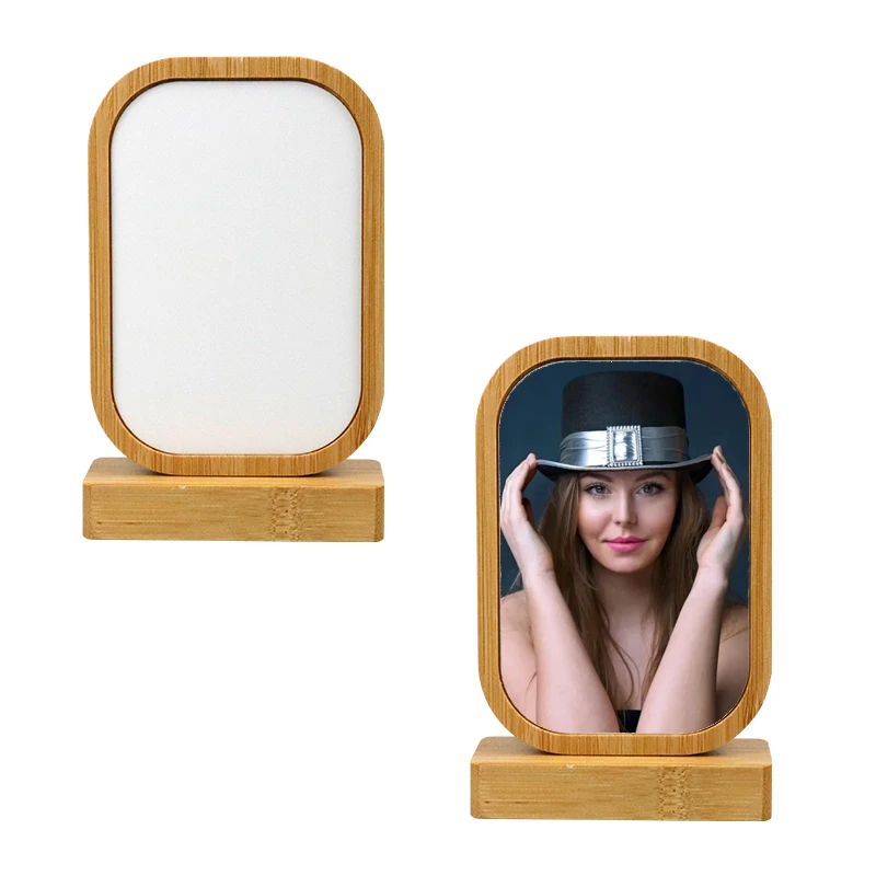 Desk Top 360 Rotate Rhomboid Sublimation Aluminum Photo Frame Magnetic Wood Base Crafts Bamboo Photo Frames with White Box Gifts