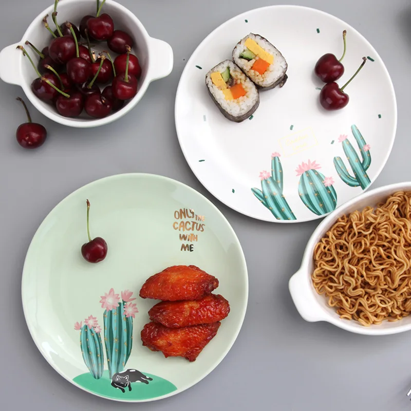 
Creative tableware set simple bone porcelain bowl painted gold plate household cactus baking pan ceramic cup 