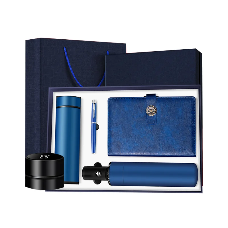 High-end Business Gifts Custom Logo Sets Notebook Pen USB Power Bank Thermos Cup And Bluetooth Speaker Umbrella 7 in 1 Gift Set
