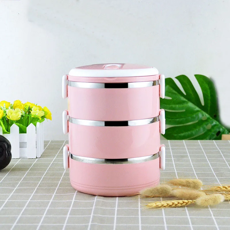 Factory Outlets round  thermal 304 stainless steel bento box food container 3 layer metal lunch box with handle