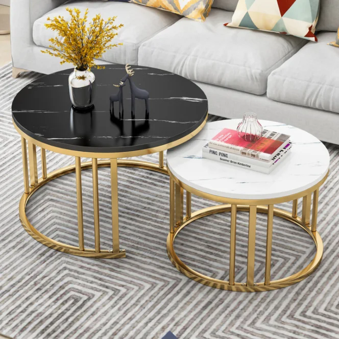 Living room furniture center stainless steel metal round nesting stone marble coffee table set luxury modern