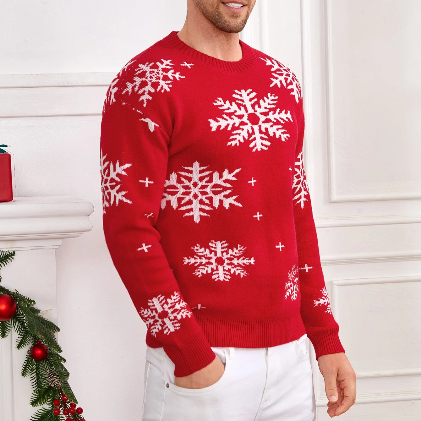 Customized Winter Red Christmas Knit Sweater Round Neck Long Sleeve Jacquard Men Snowflake Pattern Sweater