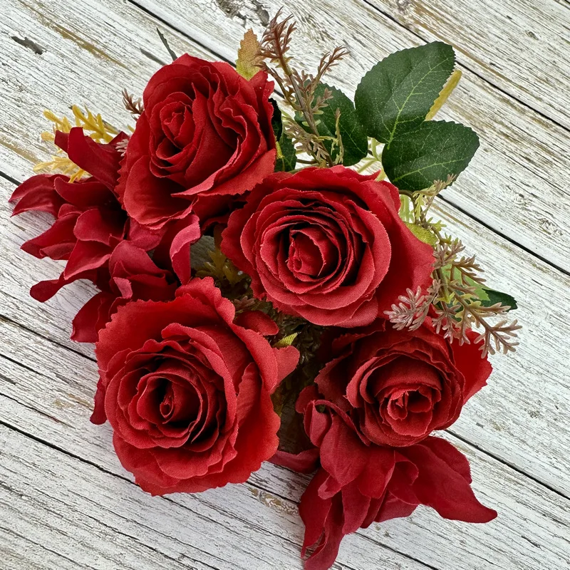 Wholesale High Quality 7 Heads Silk Flower Red Bunch Roses Bouquet Artificial Flower Rose Bouquet
