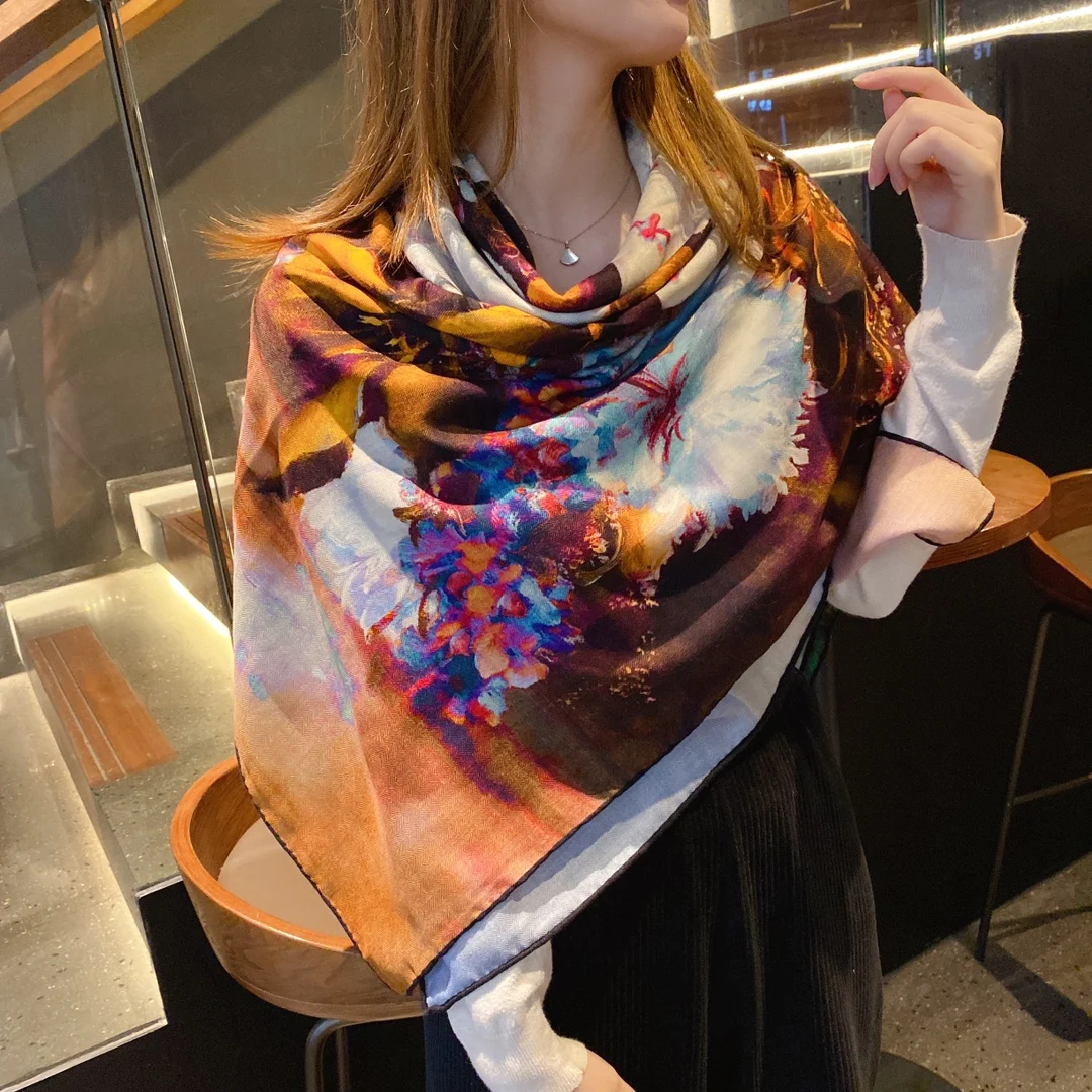 Luxury Large Shawls 140*140 Double-sided Blended Silk And Cashmere Scarf For Women