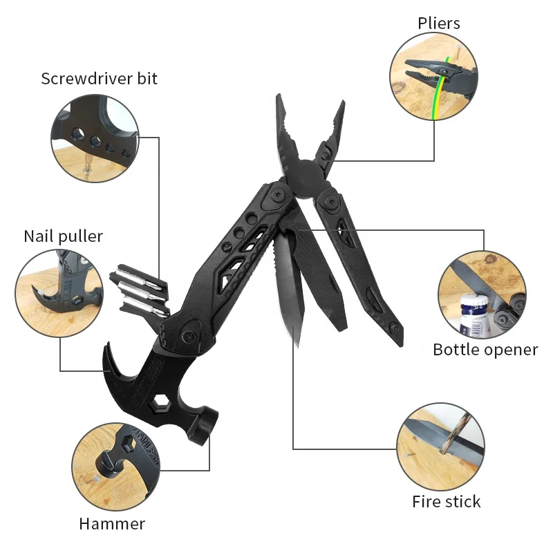 Инструмент для кемпинга из высокоуглеродистой стали под заказ, многофункциональный топор, плоскогубцы и уличный мини-молоток из стекловолокна для выживания