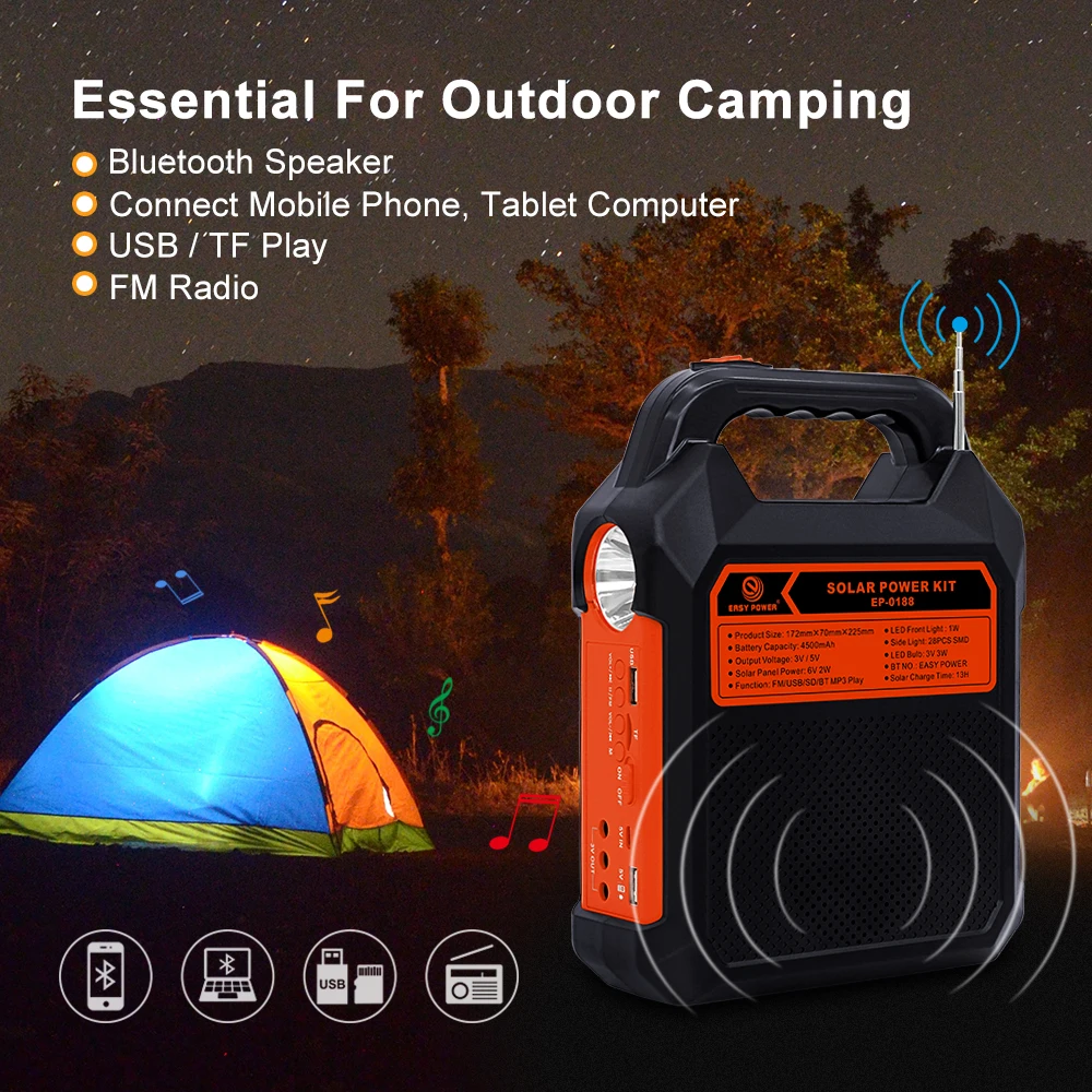 Solar Radio Lights 18650 Battery Lithium Solar Camping Lights Detachable Solar Panel Design with Speaker FM Radio