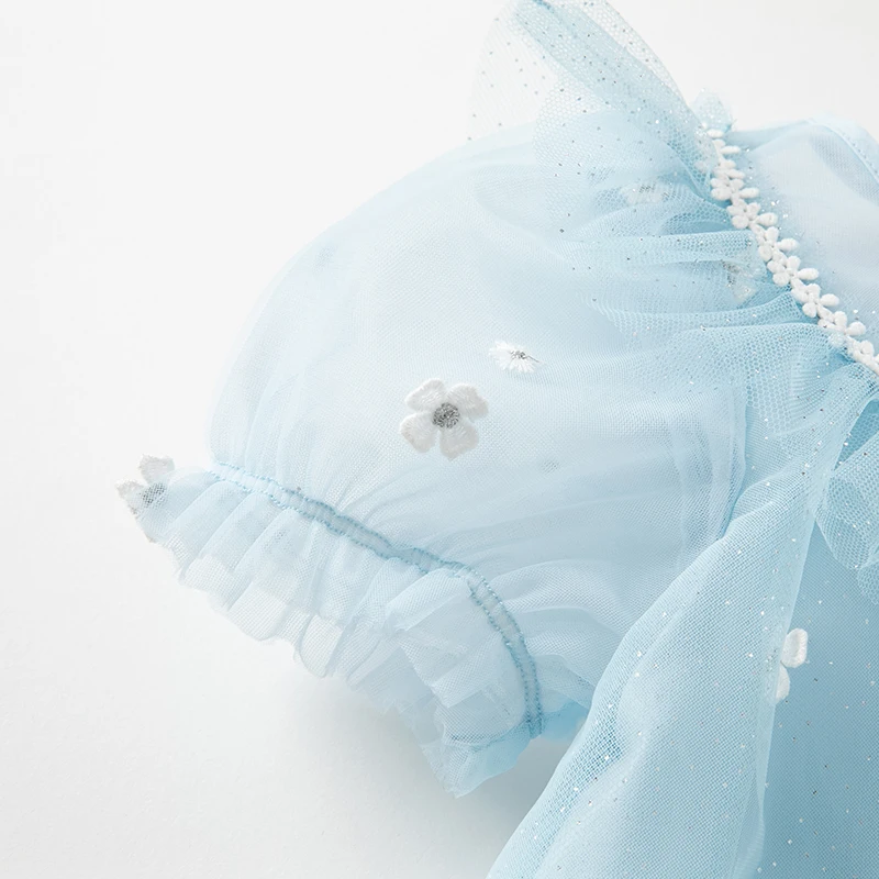 DB2235480 DAVE BELLA Summer Children Girls Fashion Water Droplet Buckle Light Blue Mesh Small Flower Decoration Princess Dress