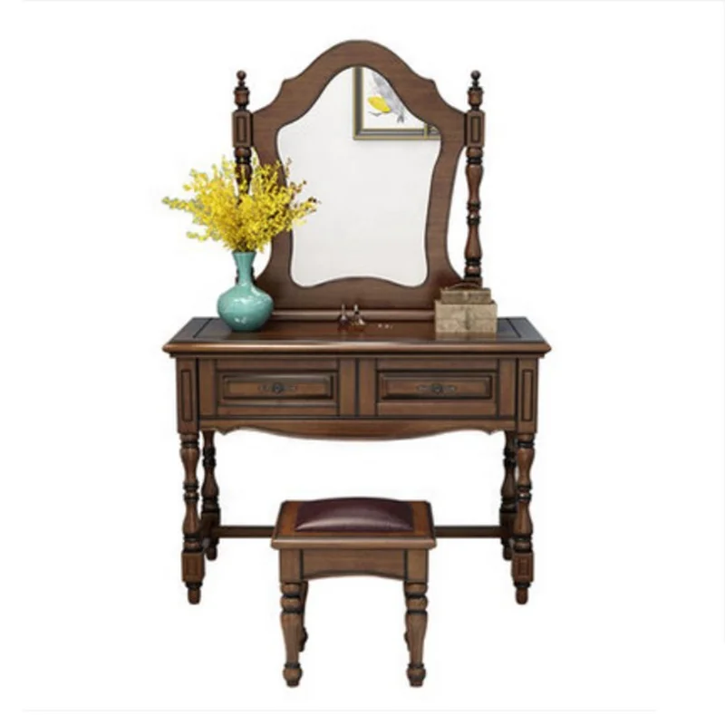 Dark Brown Solid Wood Solid Wood Dressing Table with Drawers Factory Direct Sale Combination Makeup Table with Mirror