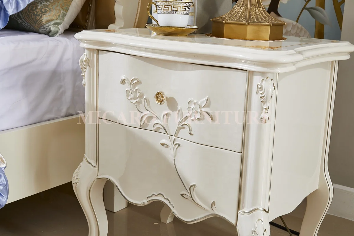 white color French classic design wooden carved leather bed