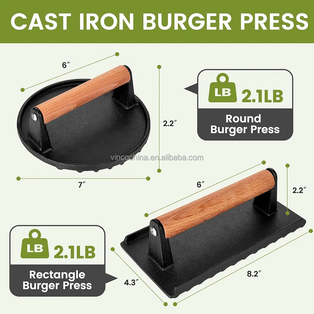 Burger Press Cast Iron Smash Bacon Press Round & Rectangle Cast Iron Grill Press With Wooden Handle for Blackstone Griddle