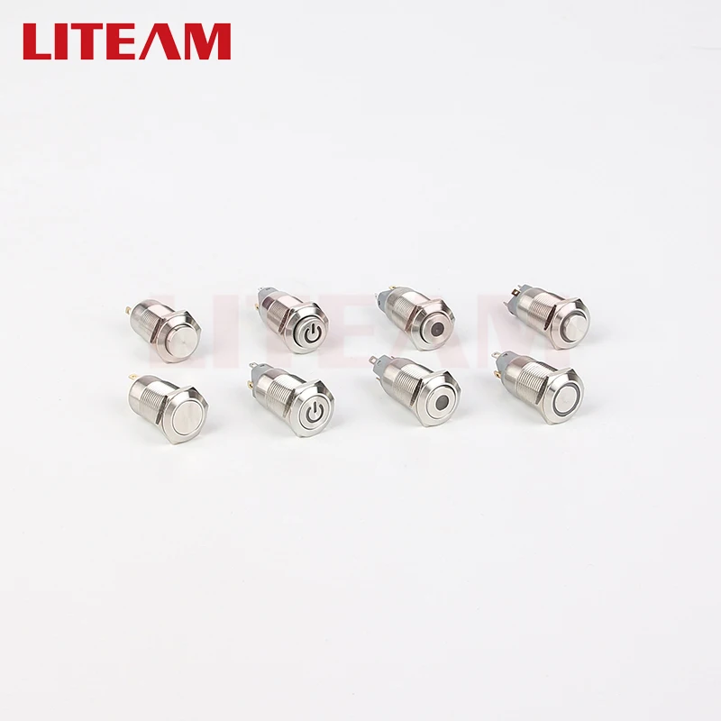 19mm 12mm 16mm 22mm  IP65 5A 250V Self-locking Metal Switch Push Button  Flat Round 1NO 1NC White\Yellow\Red\Bl ue\Green