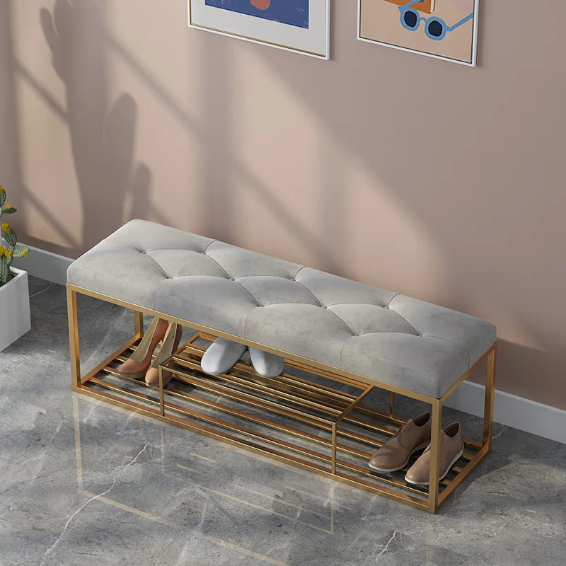 Luxury Home Furniture Metal Rectangle Stool Velvet Bench Shoe Storage Sofa Fabric Pouf Soft Footstool