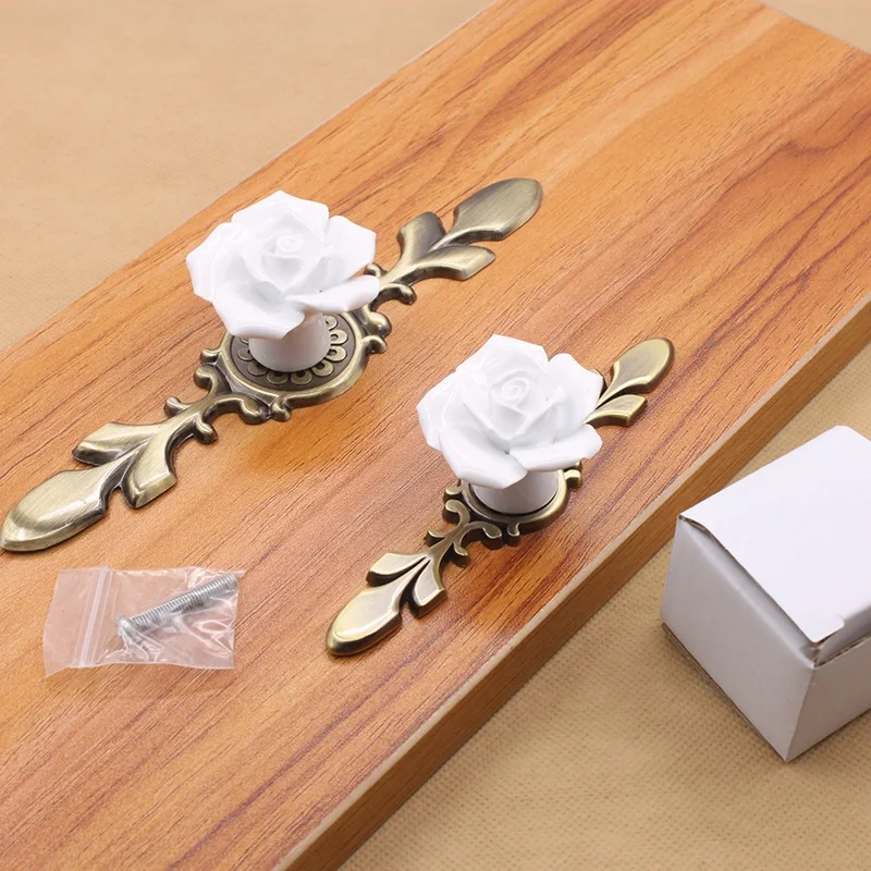 2023 wholesale rose ceramic flower cabinet knobs with green bronze backplate vintage kitchen drawer pull handle screws included