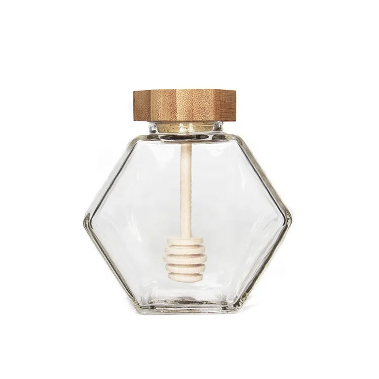 
Wholesale 220ML 380ML Hexagonal Empty Glass Honey Jar With Bamboo Lid 
