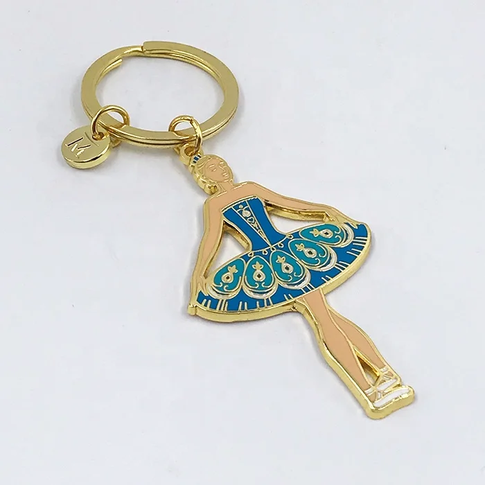 Wholesale metal keyring custom logo key holder gold metal pendant ballet dancer key chain