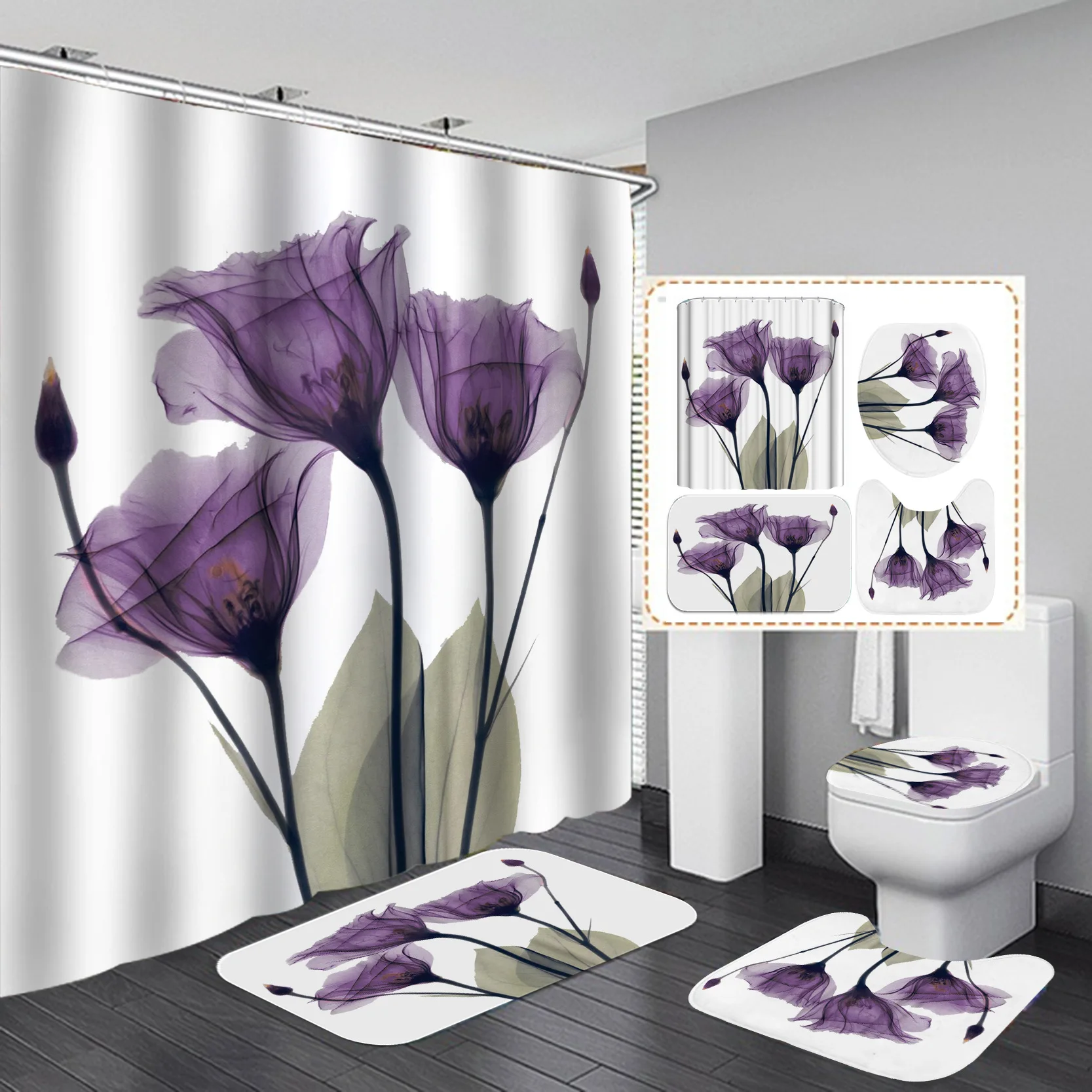 Amazon hot shower waterproof landscape flowers tulip hook shower curtain 4-piece set