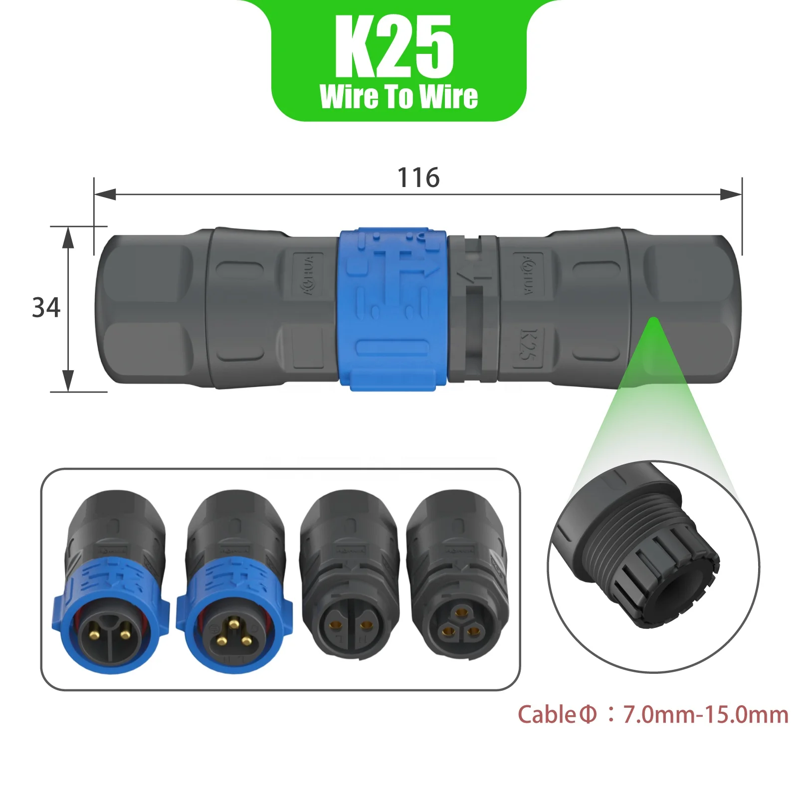 K25 32A соединитель для солнечного кабеля с разъемом «штекер к гнезду» 2-контактный провод