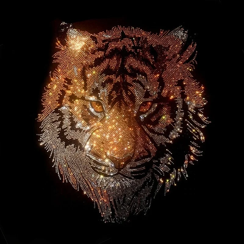 Stock ready design factory topaz bling iron on rhinestone tiger heat transfers for t shirts