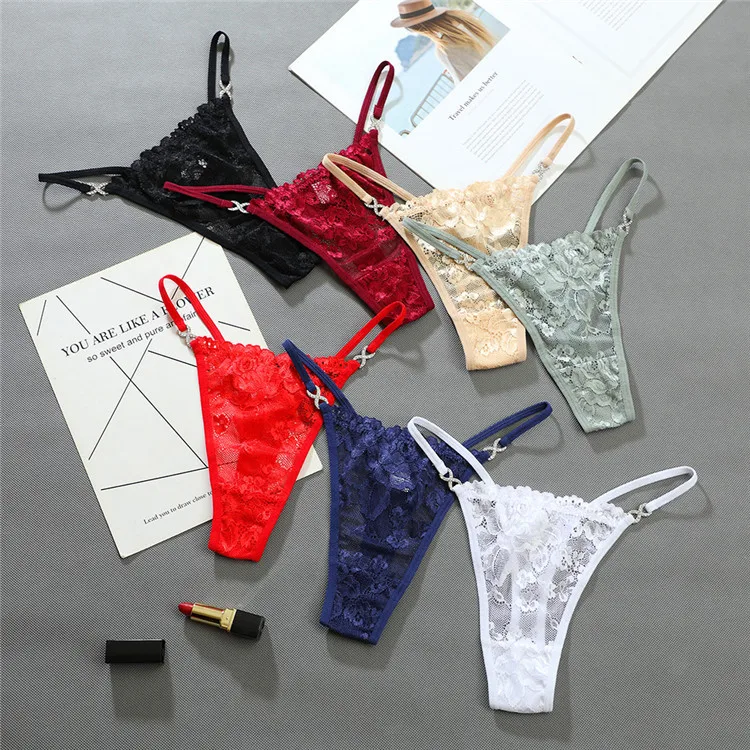 Cross-border foreign trade lace thin belt luxury diamond trim cut-out temptation panties sexual and emotional fun cotton thong
