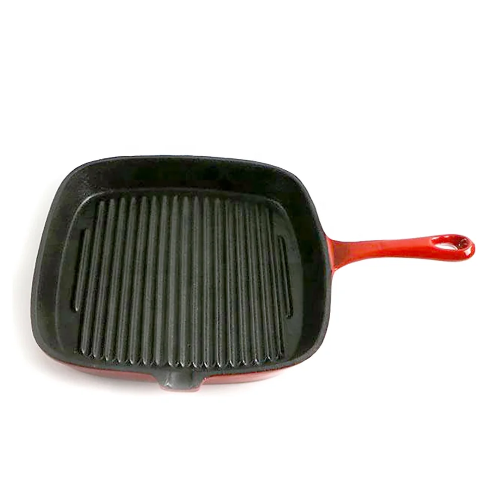 BBQ Camping Use Steak Enamel Cast Iron Non Stick Griddle Grill Double Rectangular Square Waffle Pan With Handle Pancakes