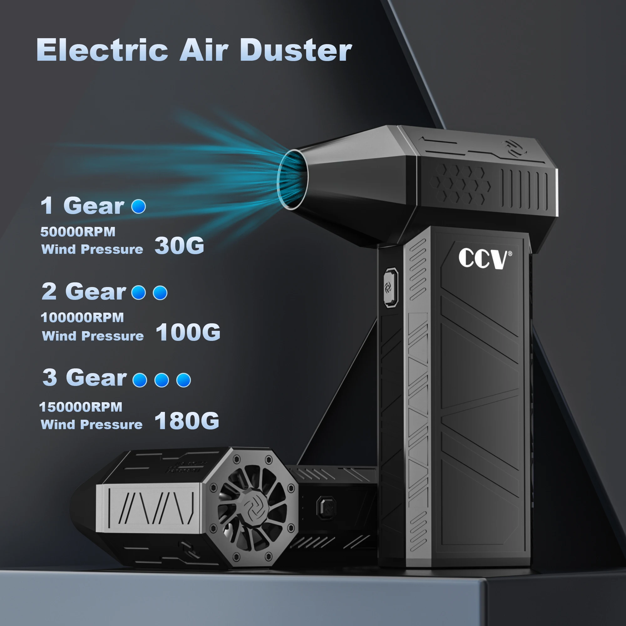 CCV Compressed Air Duster - 150000RPM Electric Air Duster for Cleaning Keyboard&PC 3 Gears Adjustable Rechargeable Cordless Jet