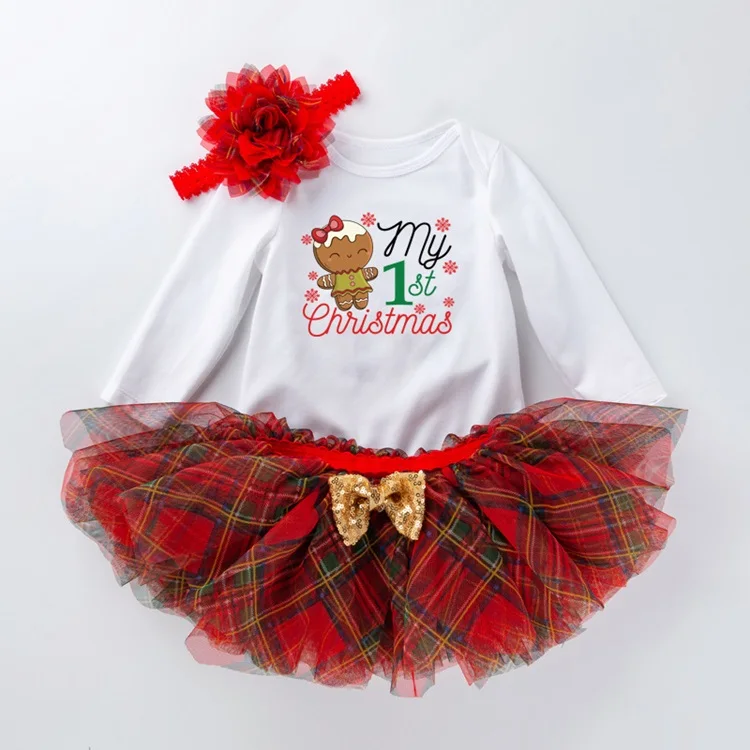 Hot selling newborn 3 pcs romper set with flower headband pretty plaid tulle skirt baby christmas birthday party clothing sets