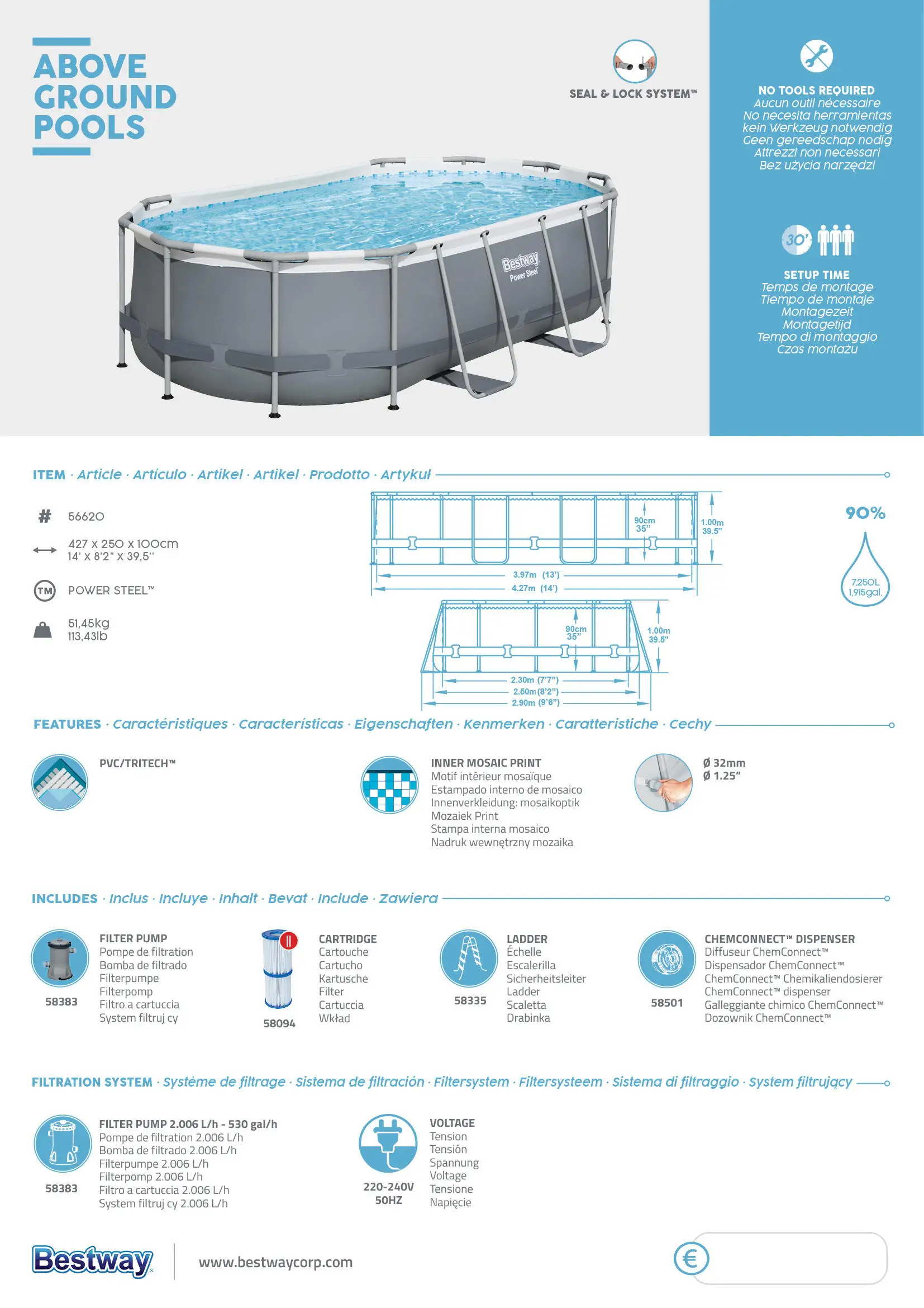 2024 Bestway Steel Power 56620 Above Ground Oval Swimming Pool Set 4.27 m x 2.50 m x 1.00 m