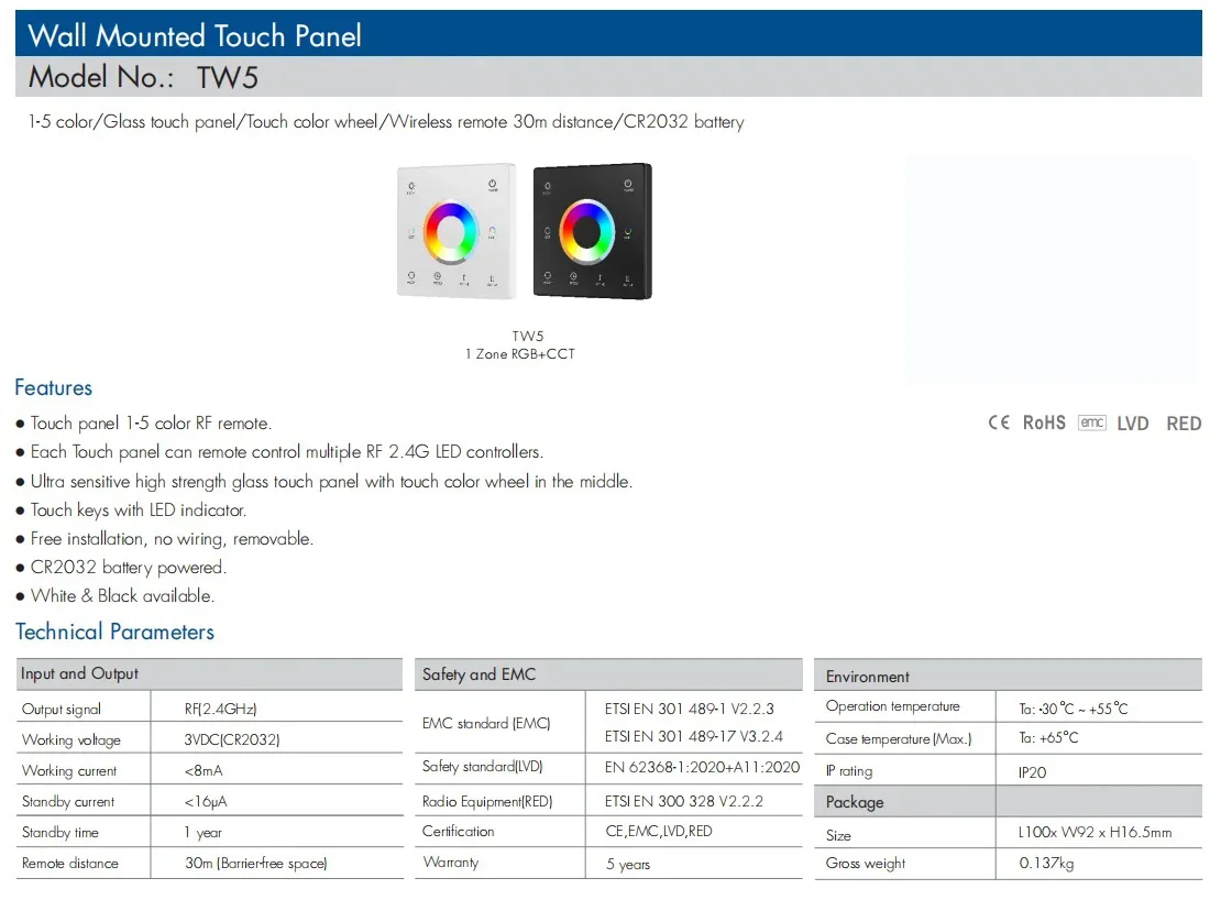 Tuya WiFi RF 5 1 светодиодный контроллер WT5 2 4G стеклянная Сенсорная панель Пульт дистанционного управления диммер CCT RGB RGBW RGBCCT полоска света совместим с TW5