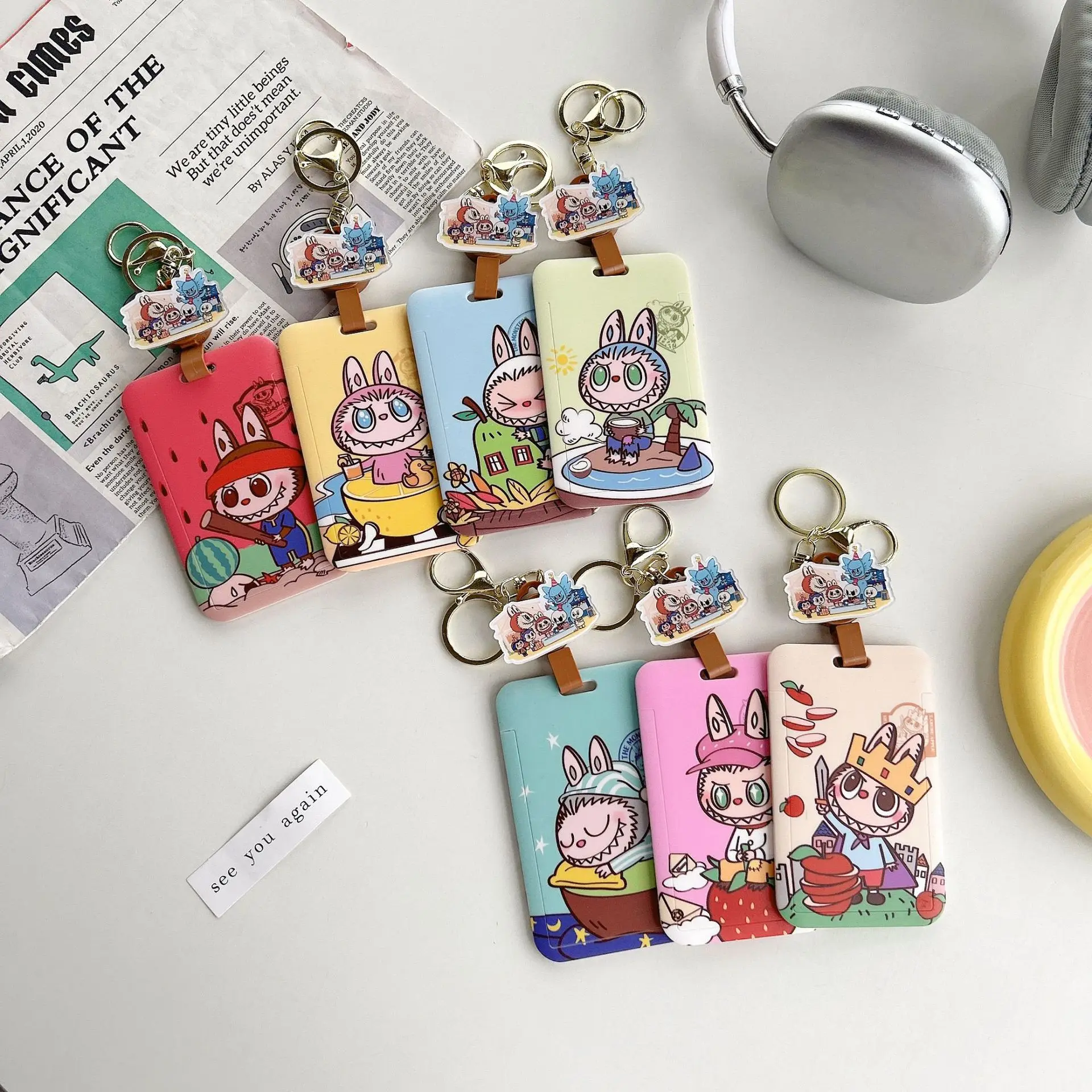 New Cartoon Kawaii Bubu School bus card Holder with Keychain Anime Easy to stretch buckle id Card Holder ABS Plastic Card case
