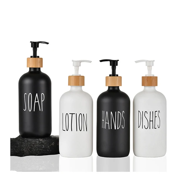 Glass Soap Dispenser Set, Dish Soap Dispenser for Kitchen Sink, Hand Soap Dispenser for Bathroom with Bamboo Pump and Soap Dish