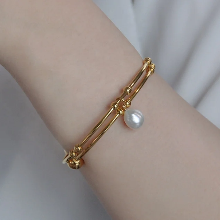  Wholesale Non Tarnish Gold Plated Stainless Steel Jewelry Beads Bangle Bracelet Open Cuff Freshwater