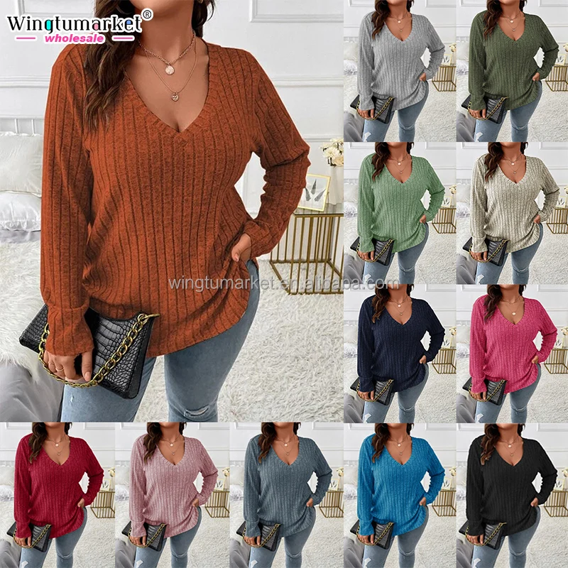 Wholesale solid oversized Tee shirt V neck long sleeve top plus size fleese pit stripe brushed ribbed women blouses shirts