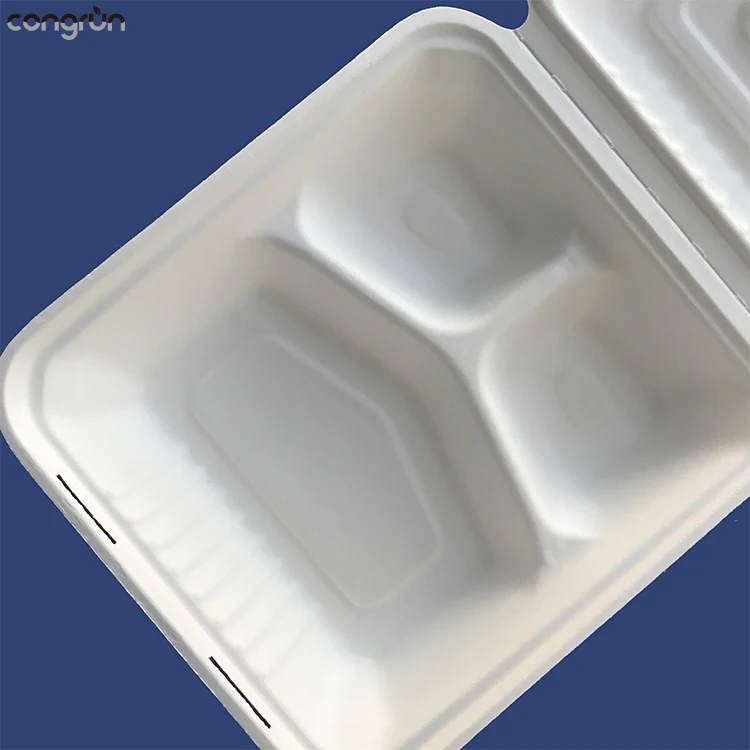 Custom sugarcane bagasse takeaway clamshell box disposable envase biodegradable clamshell packaging  plates and cutlery