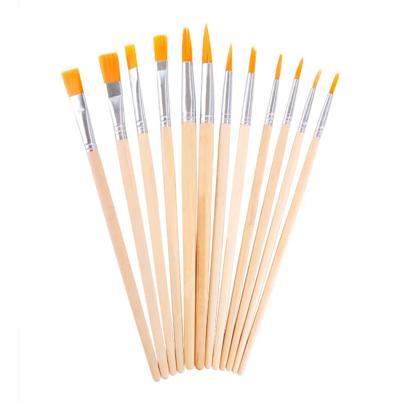 Factory Supply Paint Brush Set With Wooden Palette 12pcs of High Quality Brushes Use with Acrylic Oil and Watercolour Painting
