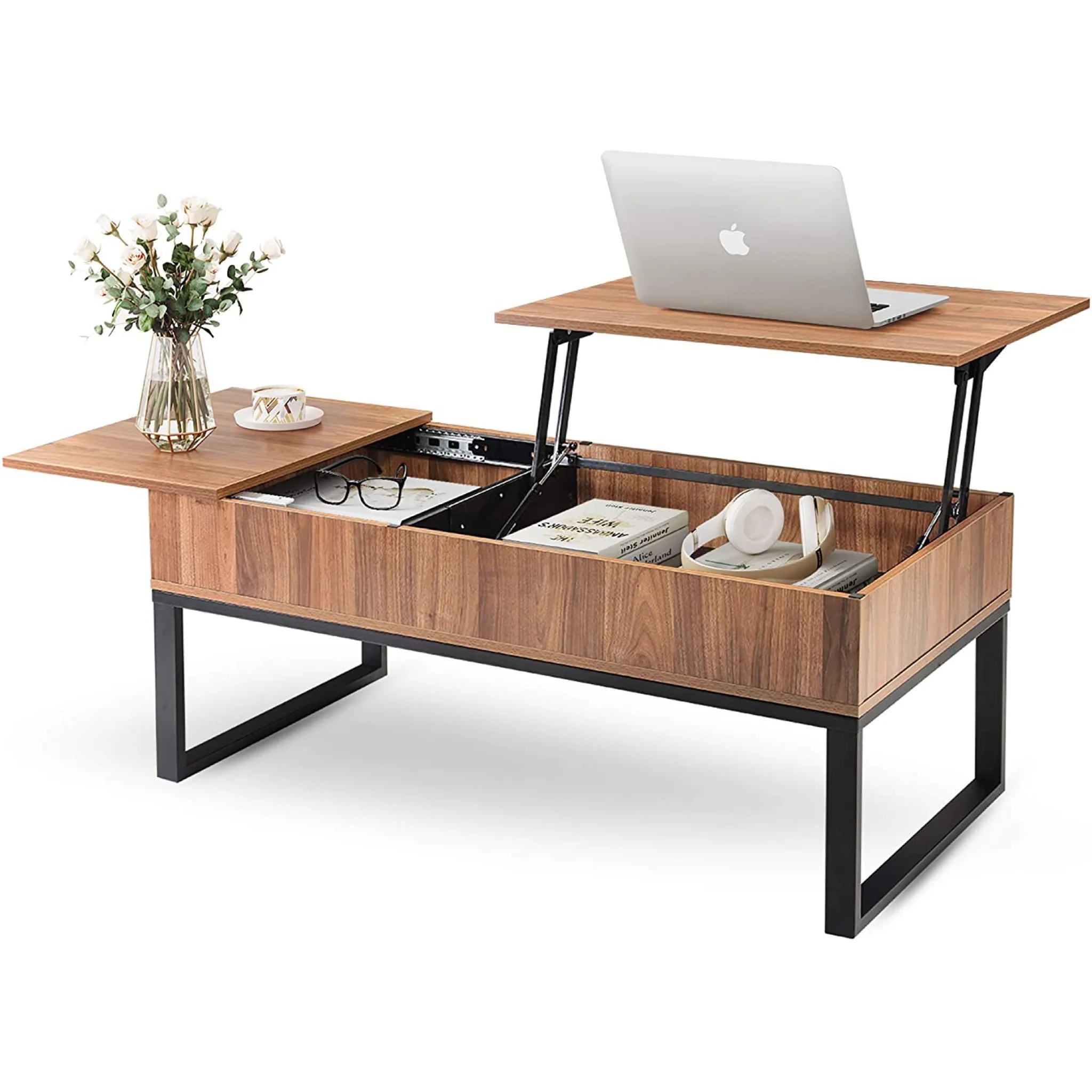 Living room furniture metal coffee table modern wooden multi-function adjustable lift top wood coffee table set  with metal legs