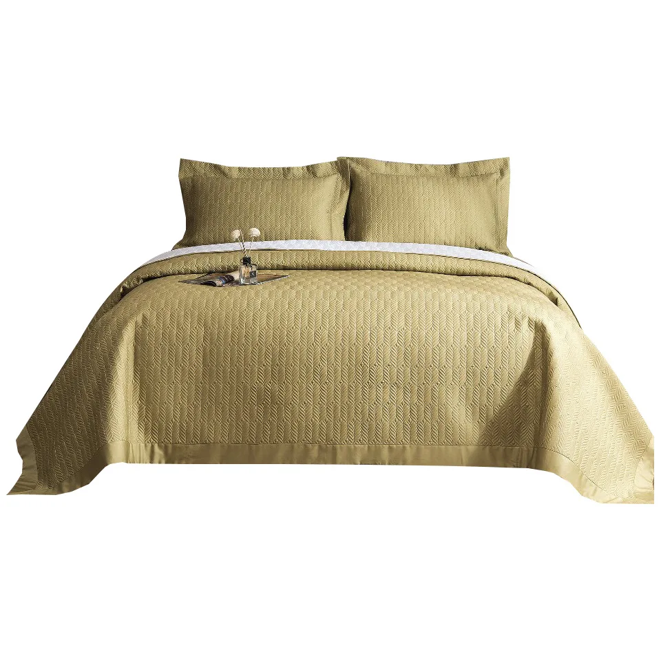 American style satin embroidered quilt three piece set bedspread with two pillowcases