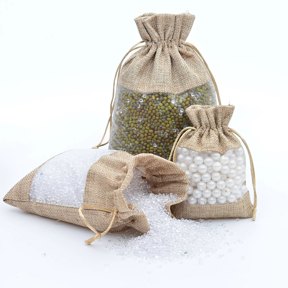 
Organza Clear Window Candy Gift Hessian Burlap Drawstring Pouch Jewelry Packaging Bags 